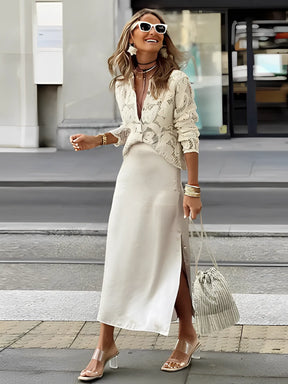 Camisa Feminina Manga Longa de Crochê com Botões Modern Isabel