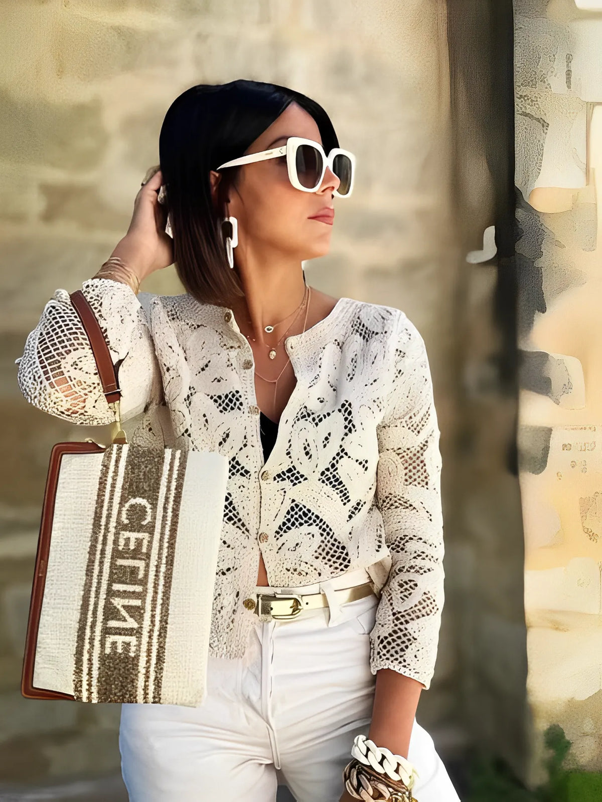 Camisa Feminina Manga Longa de Crochê com Botões Modern Isabel