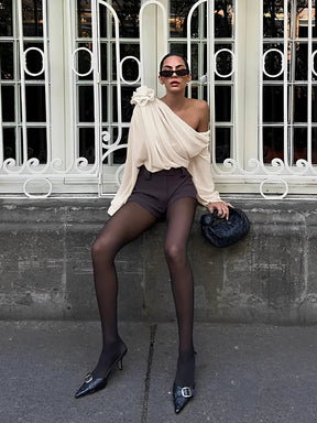 Blusa Feminina Manga Longa com Flor em Chiffon Modern Ella